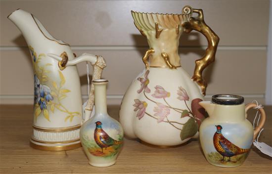 Two Royal Worcester jugs and two Locke & Co ceramics painted with pheasants, largest 7.25in.